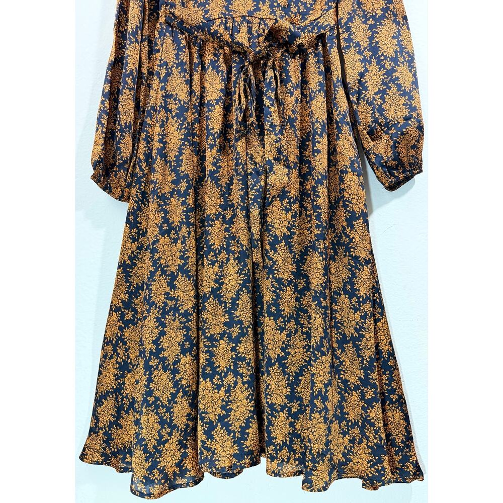 Lulus Floral Midi Dress Black Orange Print Size M NWT Balloon Sleeve Wedding - Picture 7 of 10